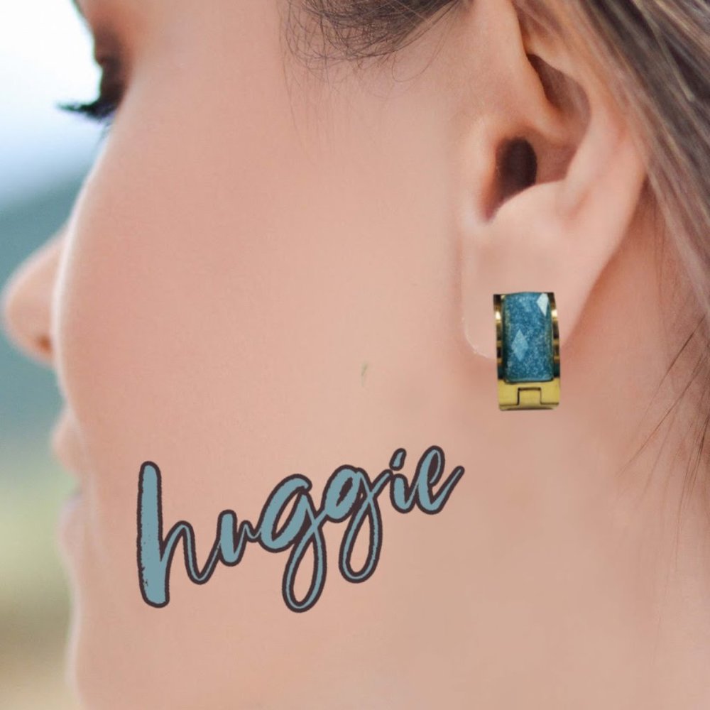 Gold Plated Stainless Steel Round Huggies Earrings Light Blue - Picture 3 of 3